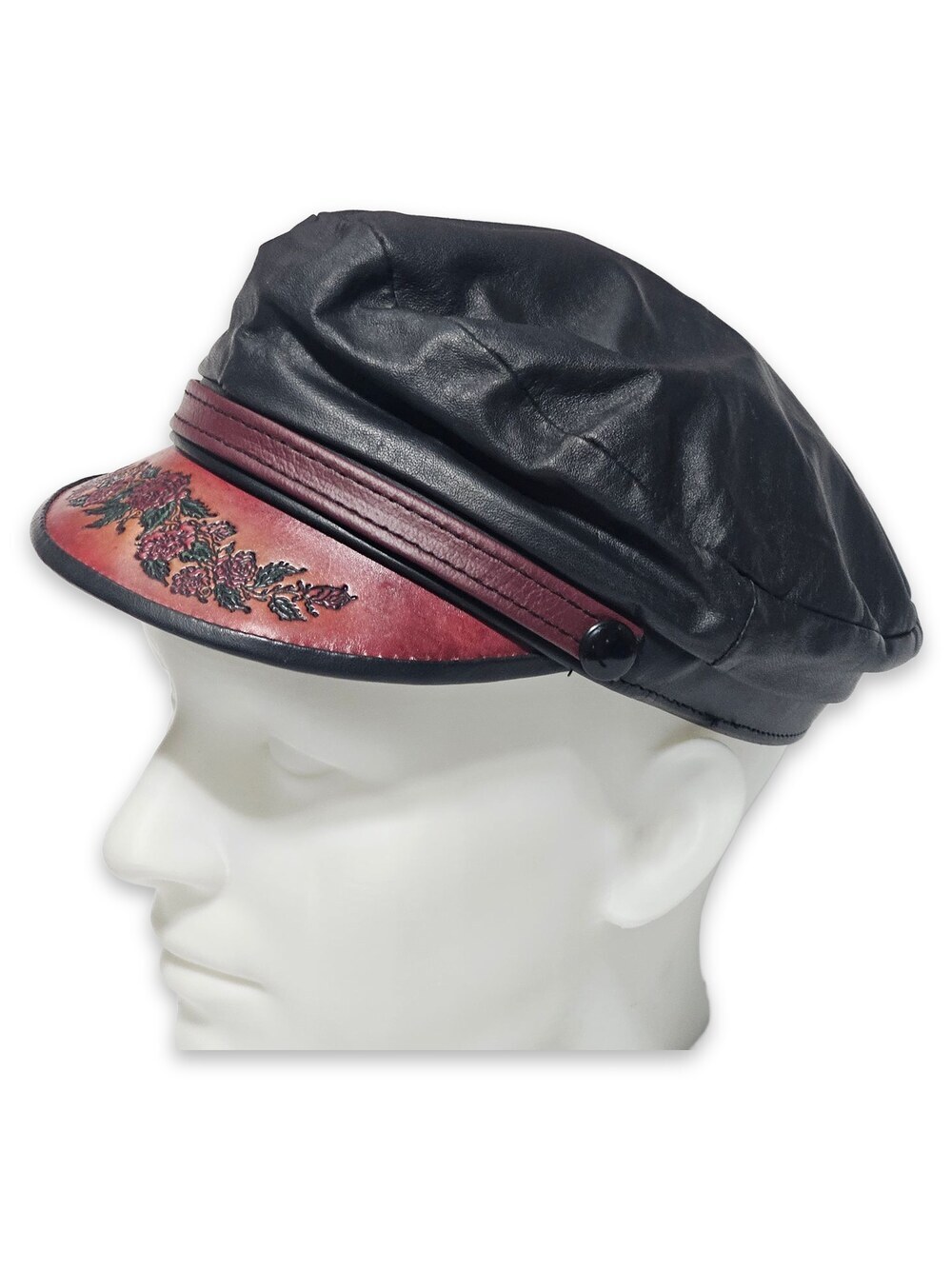Black Leather Red Tooled Visor Military Biker Cap Large Made in USA